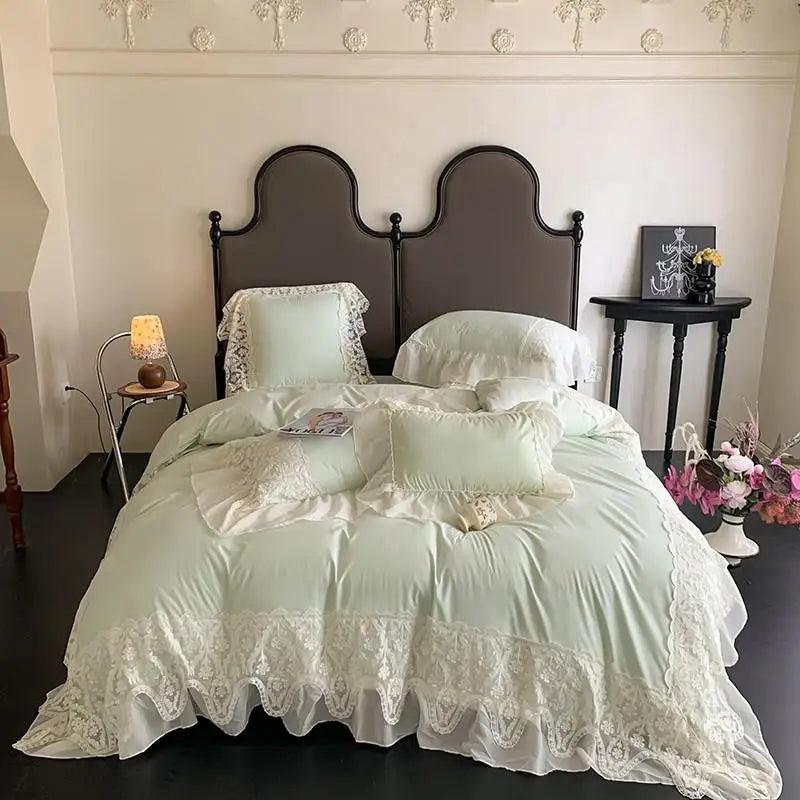 Obbty Ruffle Chiffon Lace Duvet Cover Set  2Pcs Pillowcases Sweet Cute Princess Style Bedding set Ultra Soft and Light Weight