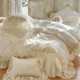 Obbty Egyptian Cotton Wedding Bedding Set, Romantic French Lace Ruffles, Flowers Embroidery, Duvet Cover, Bed Sheet, Pillowcases