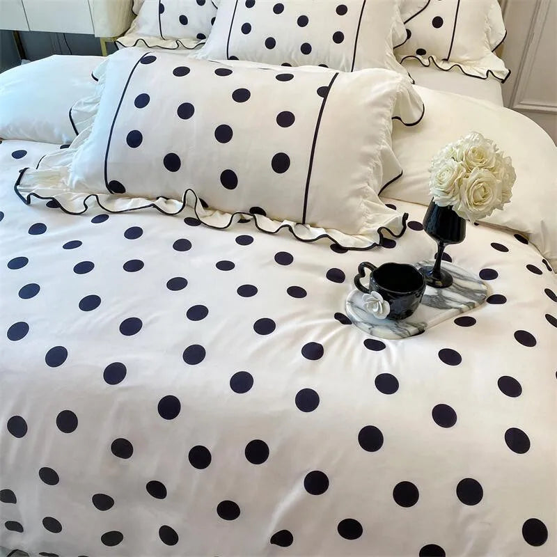 Obbty Washed Cotton White And Black Dots Bedding Set Ruffle Duvet cover Bed Sheet Set Pillowcases Double Queen King 4Pcs