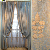 Obbty European-style Blue Velvet Screen Luxury Curtains for Living Dining room Bedroom Decorative Tulle Embroidery Curtains Custom