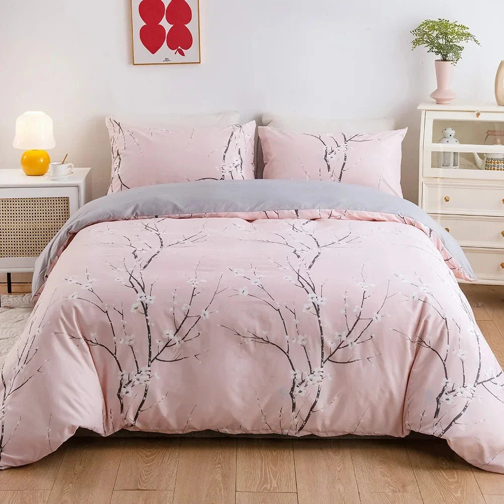 Obbty Candy Colours Plum Blossom Double Duvet Cover Set 220x240 Soft Skin Friendly Quilt Cover and Pillowcase Queen Blanket Cover Set