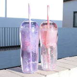 Obbty Kawaii Cherry Blossom Glass Sequin Double Layer Plastic Bottle Crushed Ice Cup Summer Drink Tumbler with Straw Coffee Juice Cups