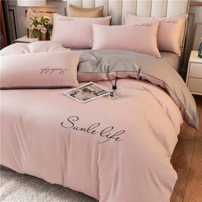 Obbty High End Skin Friendly Bedding Set Queen Luxury Embroidery Duvet Cover Set with Flat Sheet Simple Durable King Size Bedding Sets