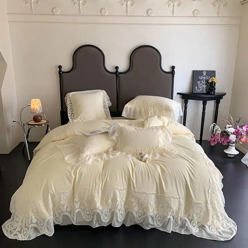 Obbty Ruffle Chiffon Lace Duvet Cover Set  2Pcs Pillowcases Sweet Cute Princess Style Bedding set Ultra Soft and Light Weight