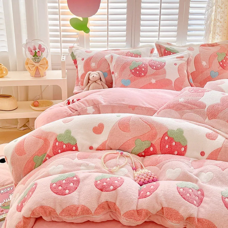 Obbty Winter Thick Warm Plush Comforter Cover Queen Bedding Sets Cartoon Quilt Cover Bed Sheet Pillowcase 4pcs Luxury Bed Linens