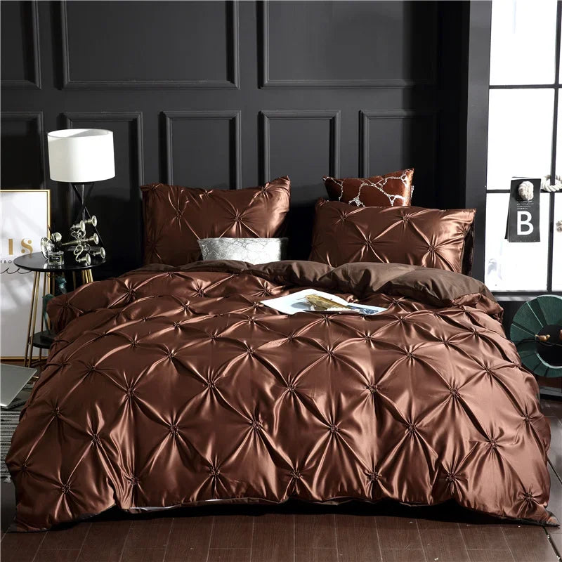 Obbty Luxury Rayon Pinch Pleated King Size Bedding Set Satin High-end Duvet Cover Set Double Bed Quilt Cover with Pillowcase No Sheets