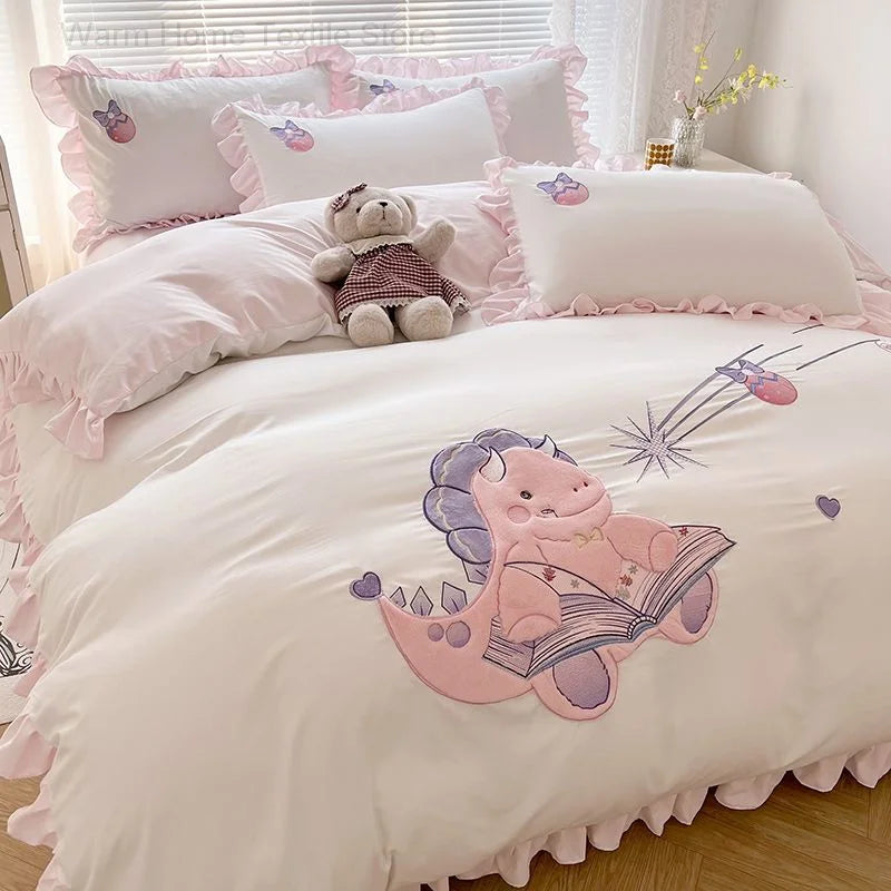 Obbty Pink Cartoon Rainbow Unicorn Bedding Set for Girls, Bed Sheet Lace Quilt Cover, Cotton, Family, Kids Bedroom Linens