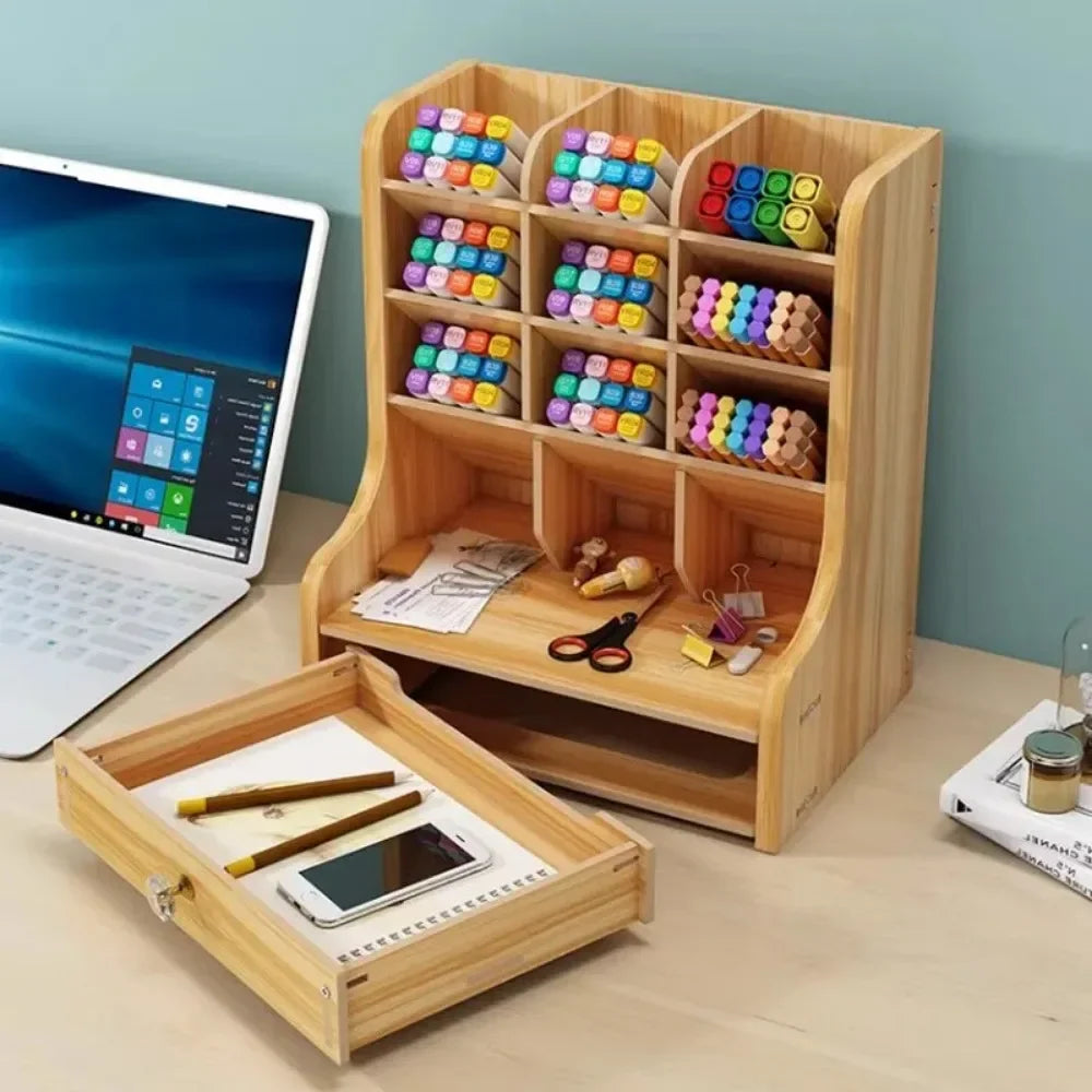 Obbty Wooden Desk Organize Ashionable Multi Grid Pen Holder Multi Functional Desktop Stationery Pen Rack For Office Desk Organizer