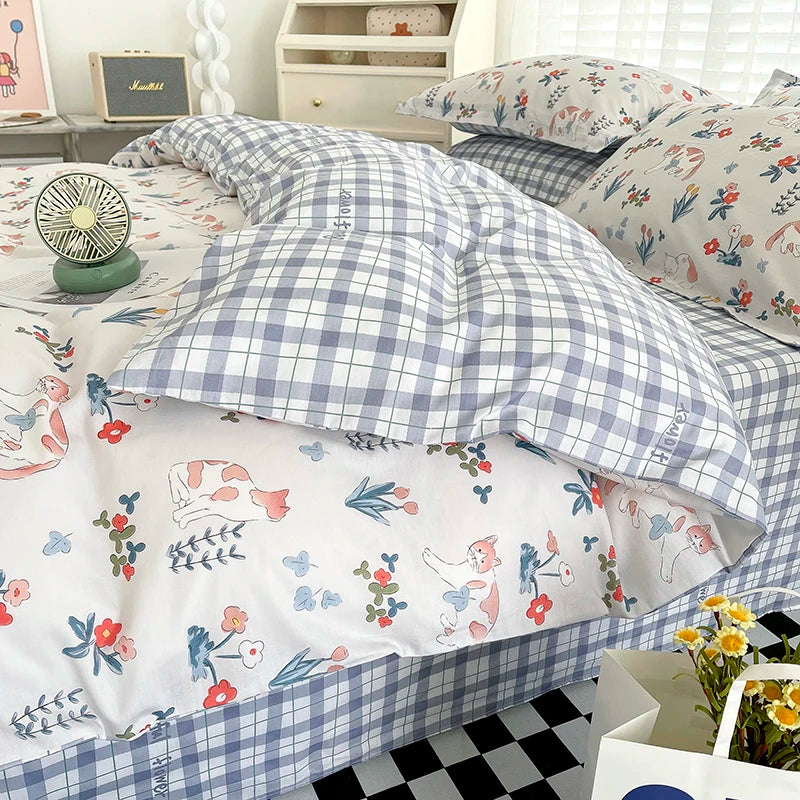 Obbty Cute Cat Duvet Cover Cotton 3 PCS Floral Bedding Sets All Seasons Comforter Covers for Boys Girls Kids Teen Dorm Preppy College