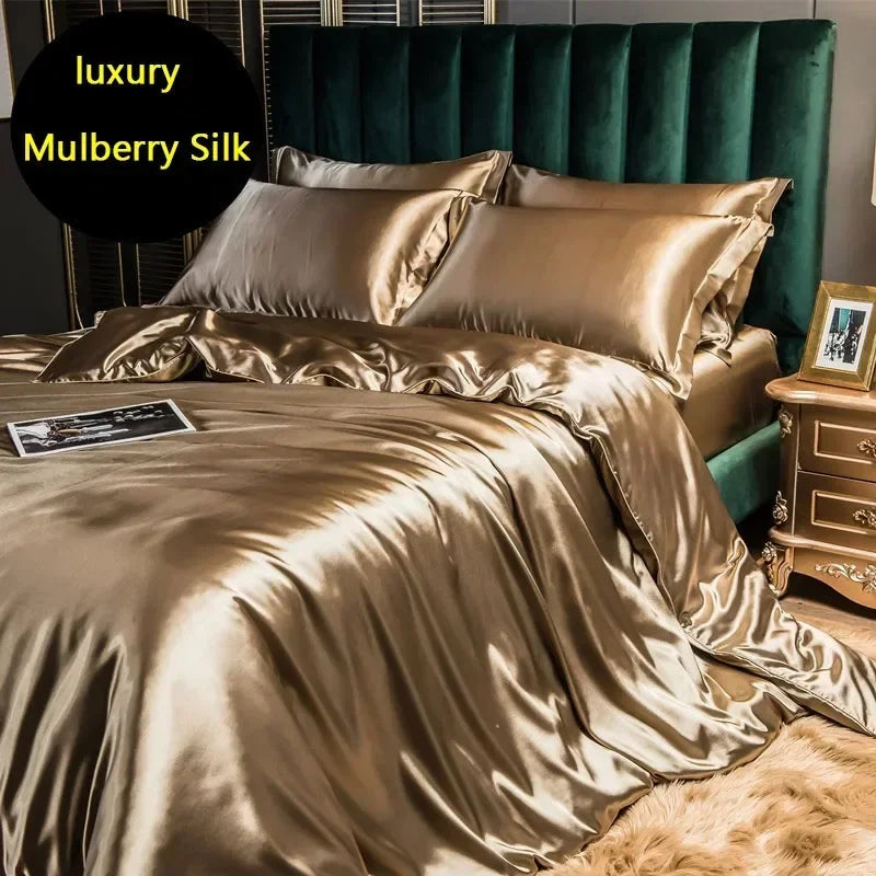 Obbty blending Mulberry Silk Bedding Set Silky High-end Queen Size Duvet Cover Set with Fitted Sheet Luxury Bedding Sets King Bed Sets