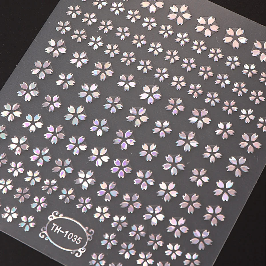 Obbty 3D Laser Sakura Flower Nail Sticker Holographic Foils Decals Snake Adhesive Sliders Cherry Blossom Manicure Nail Art Decorations