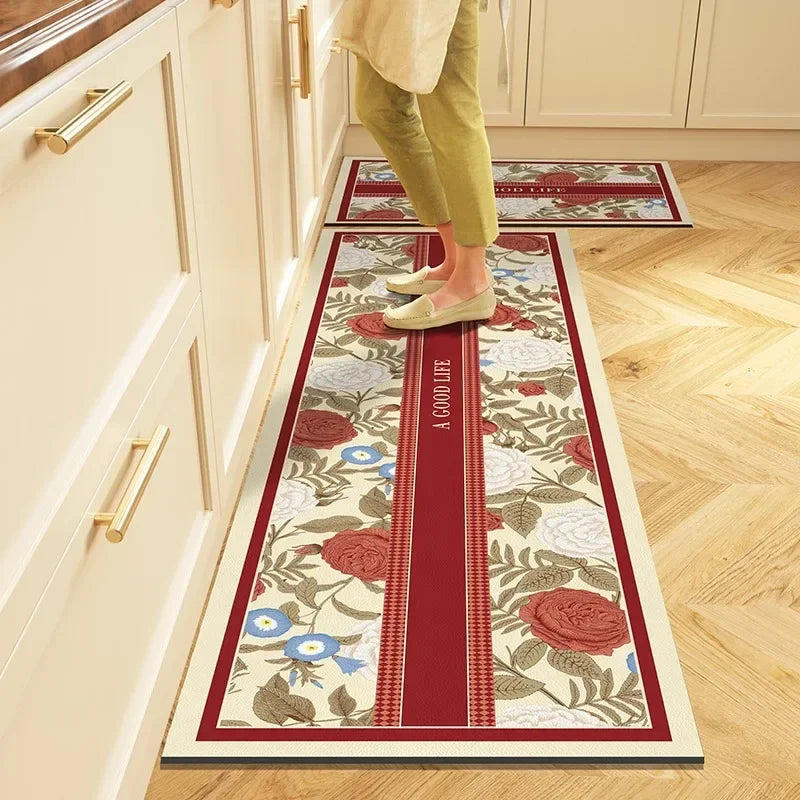 Obbty Kitchen Floor Mat PVC Leather Waterproof Carpet Non-slip Long Foot Mats Flower Pastoral Style Home Decoration Rug Vinyl Carpets