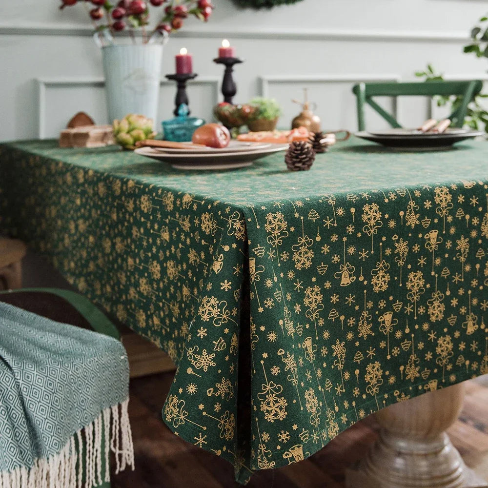 Obbty Linen Cotton Christmas Party Tablecloth, Japanese Green Bronzing Wind Chimes, Rectangle Dinning Table Cover for Home Decoration