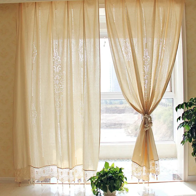 Obbty French Solid Cotton Linen Retro Hollow Curtain Handmade Crochet Bottom Stitching Blackout Window Curtain for Living Room