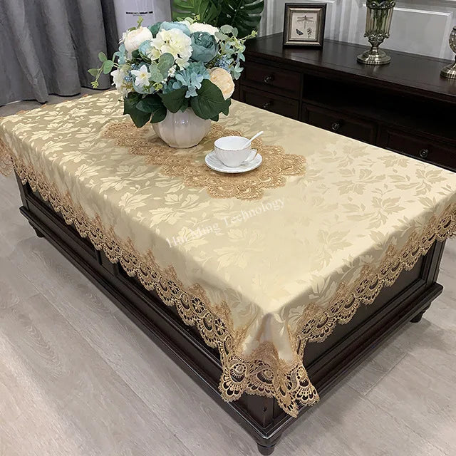 Obbty Rectangle Tablecloth Luxury Embroidery Lace Table Cover Flower Elegant Hollow Out Table Cloth Towels Dining table decoration