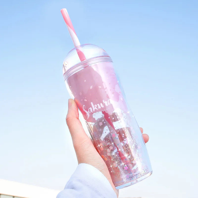 Obbty Kawaii Cherry Blossom Glass Sequin Double Layer Plastic Bottle Crushed Ice Cup Summer Drink Tumbler with Straw Coffee Juice Cups