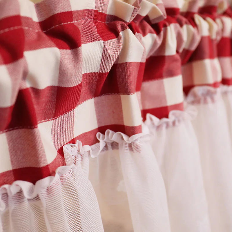 Obbty Korea Sweet Stitching Red Plaid Short Curtains Plaid Lace Half Curtain for Kitchen Coffee Shop