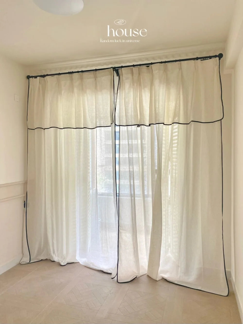 Obbty French Black Edges Screen Curtains with Valance Janpanese Simple White Linen Gauze Curtains for Living Room Bedroom Soft Fabrics