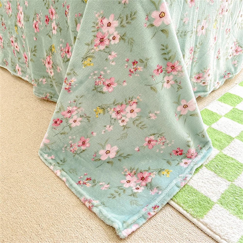 Obbty Bed Sheet Set Quilt Cover Pillowcase Four-piece Bedding Set Home Textiles Floral Print Milk Fleece Hemming Warm Winter