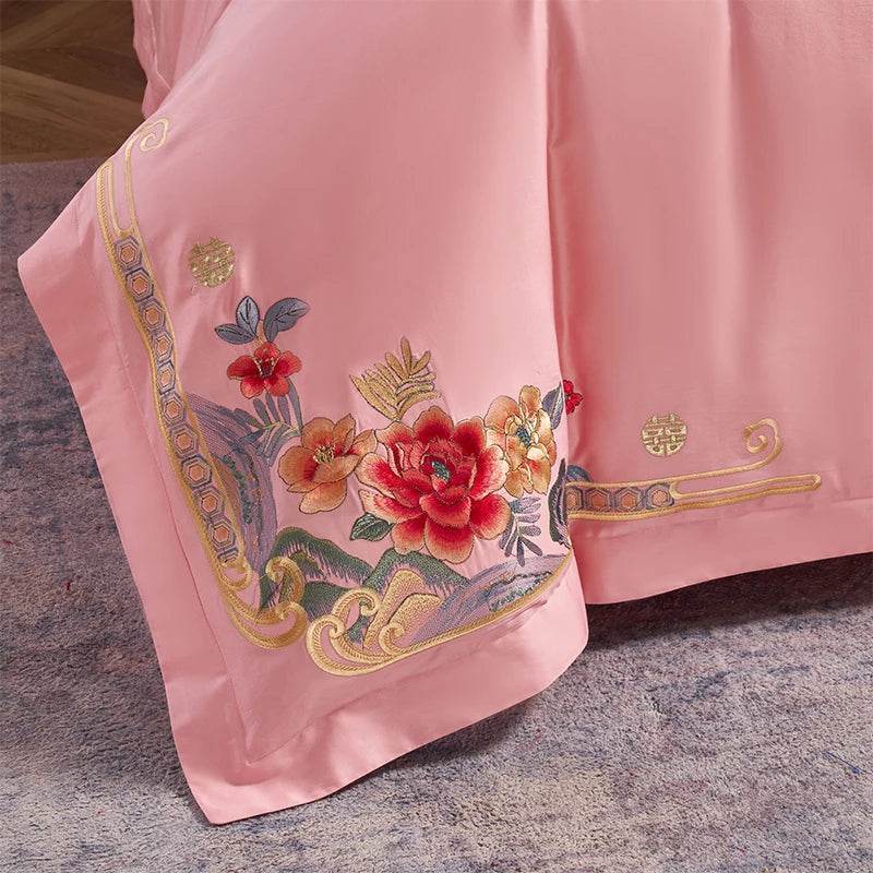 Obbty Pink Red Luxury Chinese Wedding Embroidery 4Pcs Bedding Set 800TC Egyptian Cotton Zippered Duvet Cover Set Bed Sheet Pillowcases