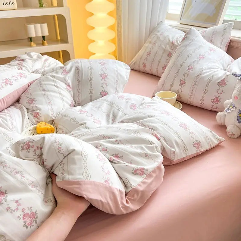 Obbty Rural Style Bedding Set Fresh Floral Four Piece Set  Girl Heart  Double-layer Gauze   New Meeting Duvet Cover