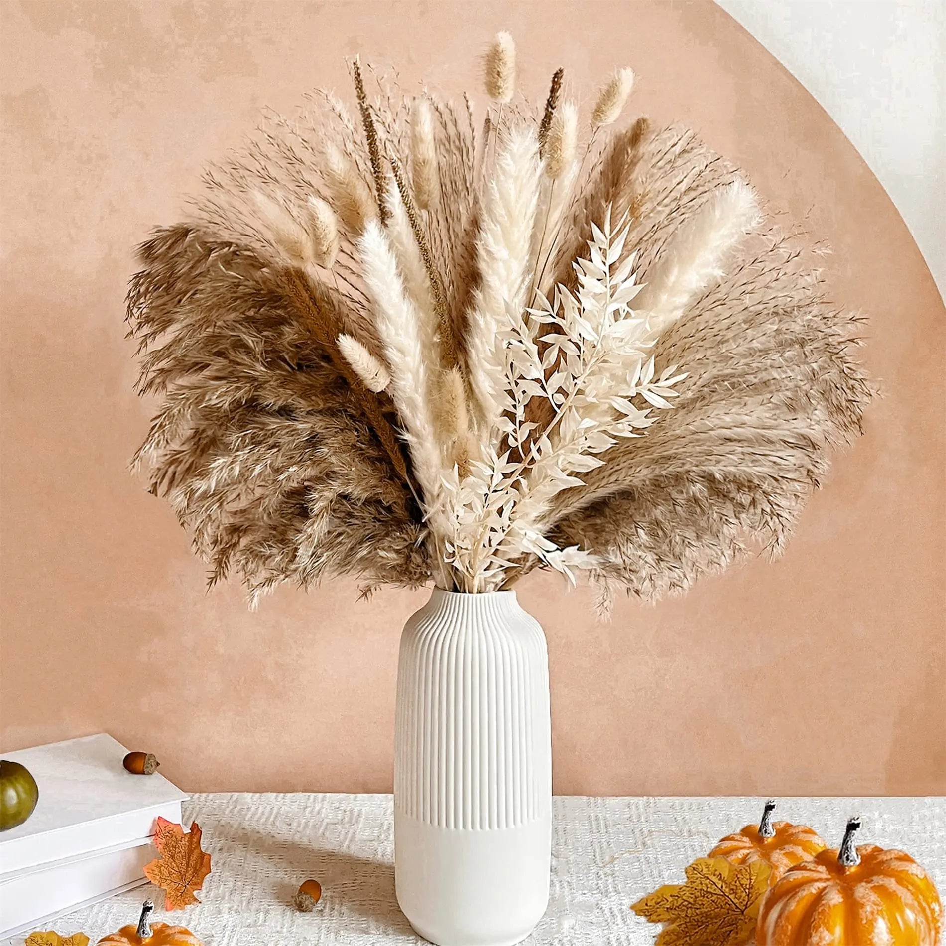 Obbty 80pcs Pampas Grass Flowers Set,Dried Plants Bouquet Arrangement,100% Natural Dry Flowers Boho Decoration,Living Room Vases Decor