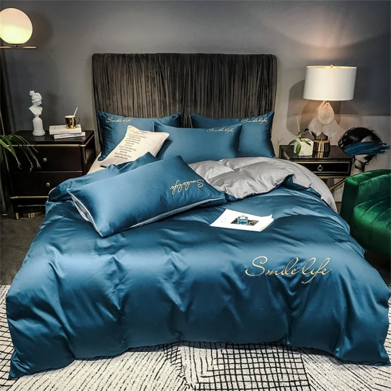 Obbty High End Skin Friendly Bedding Set Queen Luxury Embroidery Duvet Cover Set with Flat Sheet Simple Durable King Size Bedding Sets