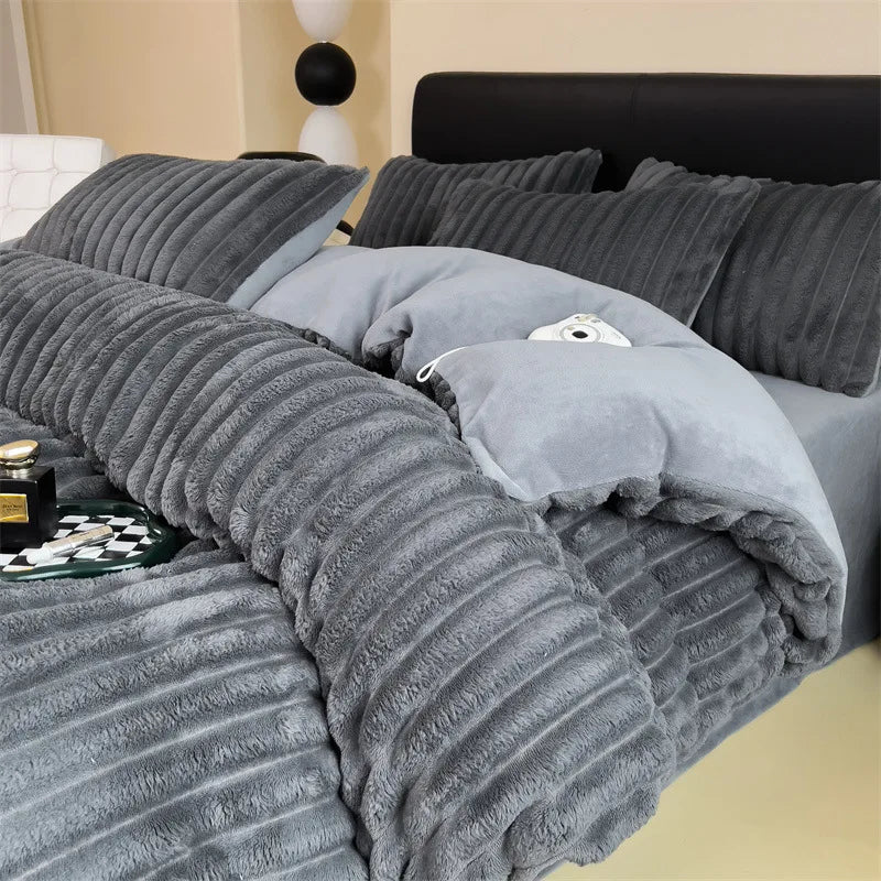 Obbty Winter Thickened Plush Warm Duvet Cover Set Solid Color Luxury High Quality Quilt Cover Sheet Pillowcase 4pcs Queen Bedding Set