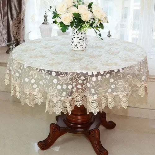 Obbty New Lace Tablecloth Pastoral Round Tablecloth Dining Table Cloths Home Embroidery Table Cover Rose Gold Decoration House Towel