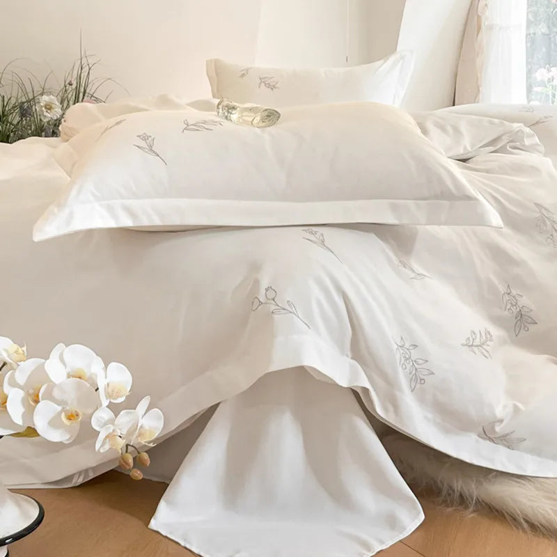 Obbty Pure White Minimalist Style Duvet Cover Set, Elegant Wildflower Embroidered Pretty Botanical Quality Fabric 4Pcs Bedding Set