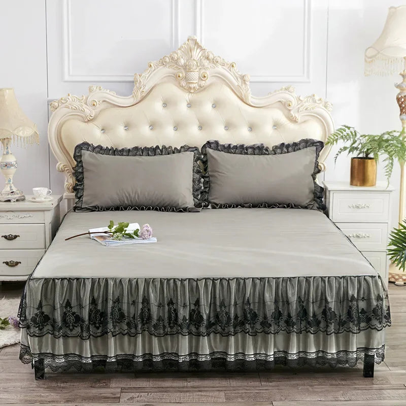 Obbty Princess Style Ruffles Fitted Bed Sheet Set Luxury Pleated Lace Edge Bed Linen Set High End Embroidery Bedsheet with Bed Skirt