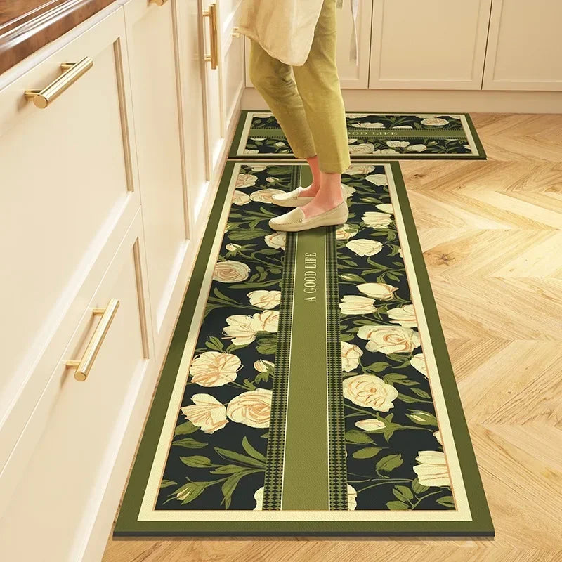 Obbty Kitchen Floor Mat PVC Leather Waterproof Carpet Non-slip Long Foot Mats Flower Pastoral Style Home Decoration Rug Vinyl Carpets