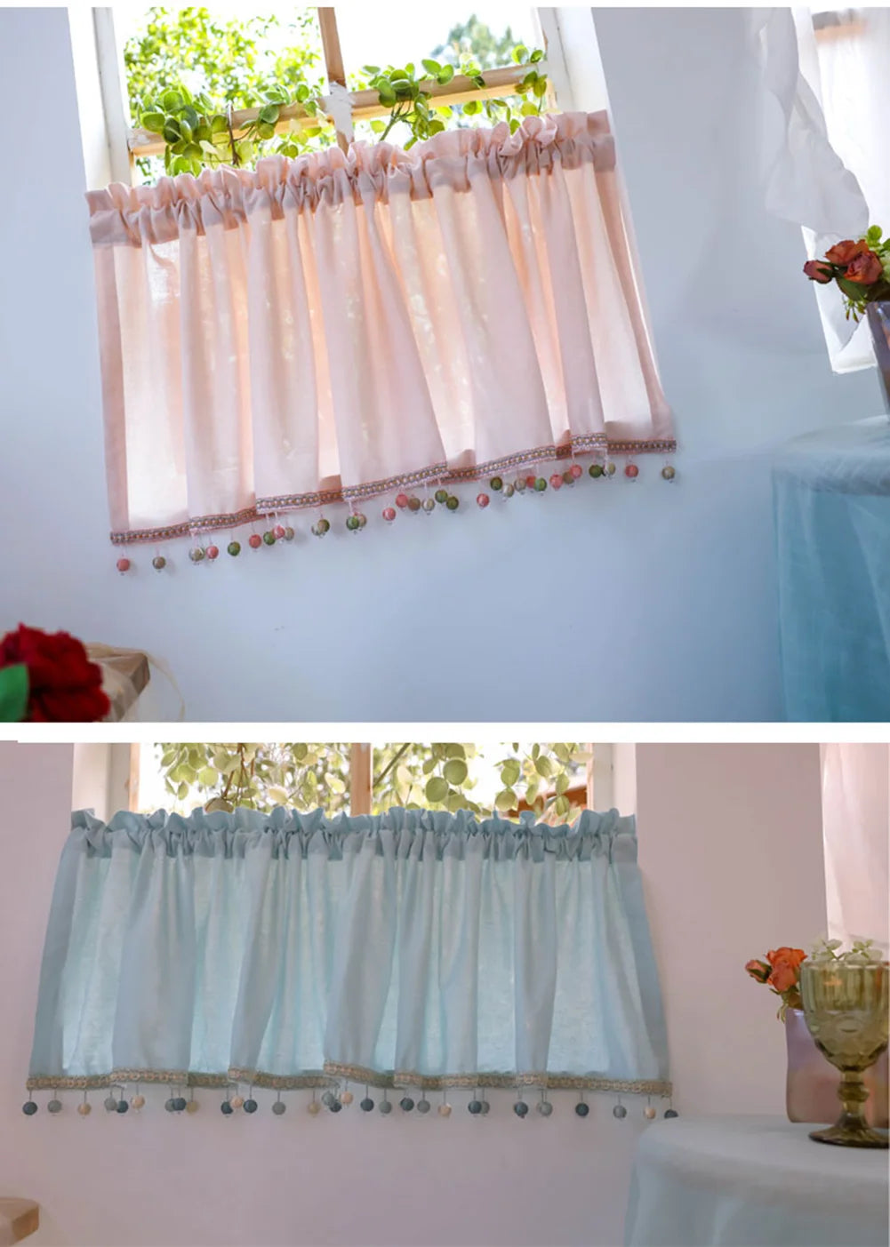 Obbty Solid Color High-end Short Curtain with Colorful Tassel，Romantic and Elegant Design Sheer Curtains Valances Set Half Curtains