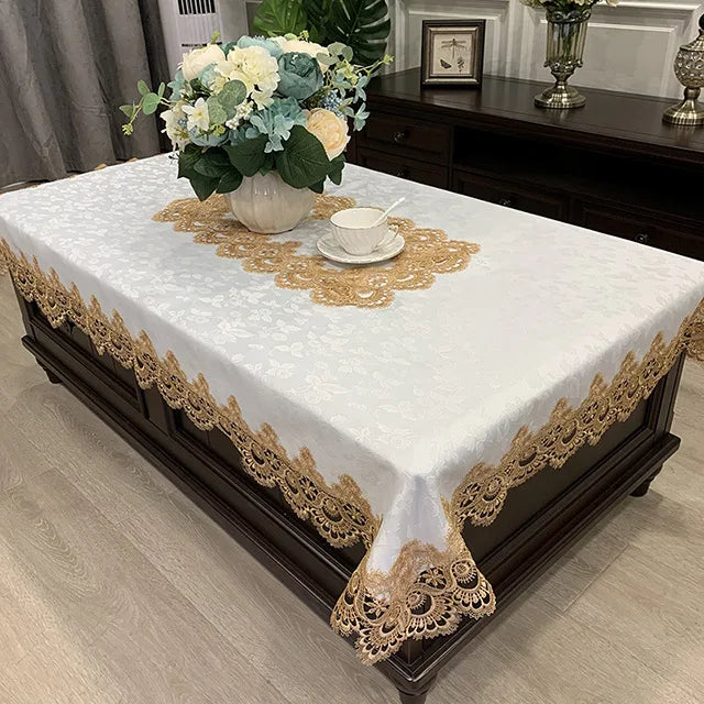 Obbty Rectangle Tablecloth Luxury Embroidery Lace Table Cover Flower Elegant Hollow Out Table Cloth Towels Dining table decoration