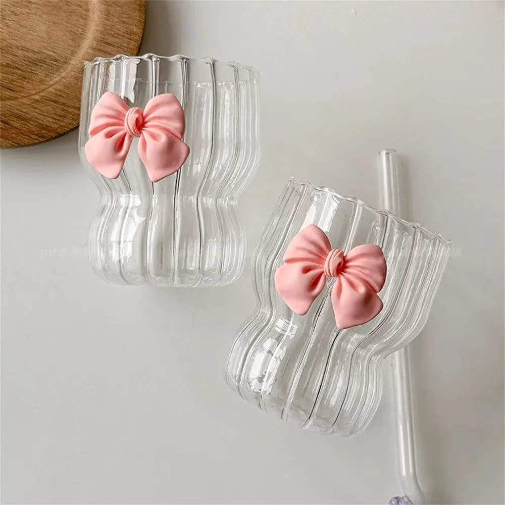 Obbty New Pink Bow Heat Resistant Coffee Cup Dudu Glass Vertical Pattern Fat Tea Water Cups Drinkware Glasses