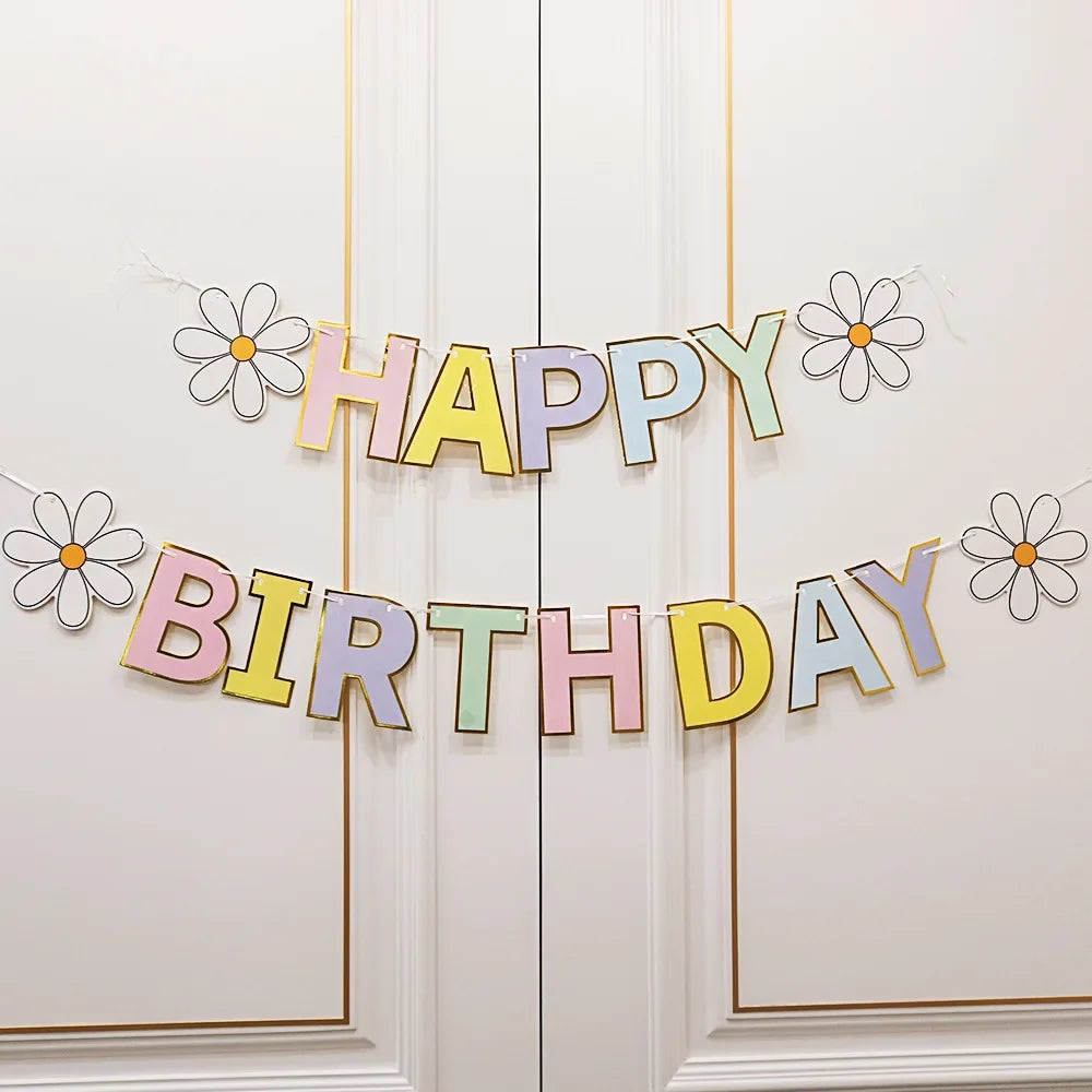 Obbty Happy Birthday Party Decoration Banner White Flower Garland Flag Birthday Party Decor Decorated Scene Bunting Supplies