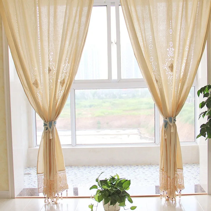 Obbty French Solid Cotton Linen Retro Hollow Curtain Handmade Crochet Bottom Stitching Blackout Window Curtain for Living Room