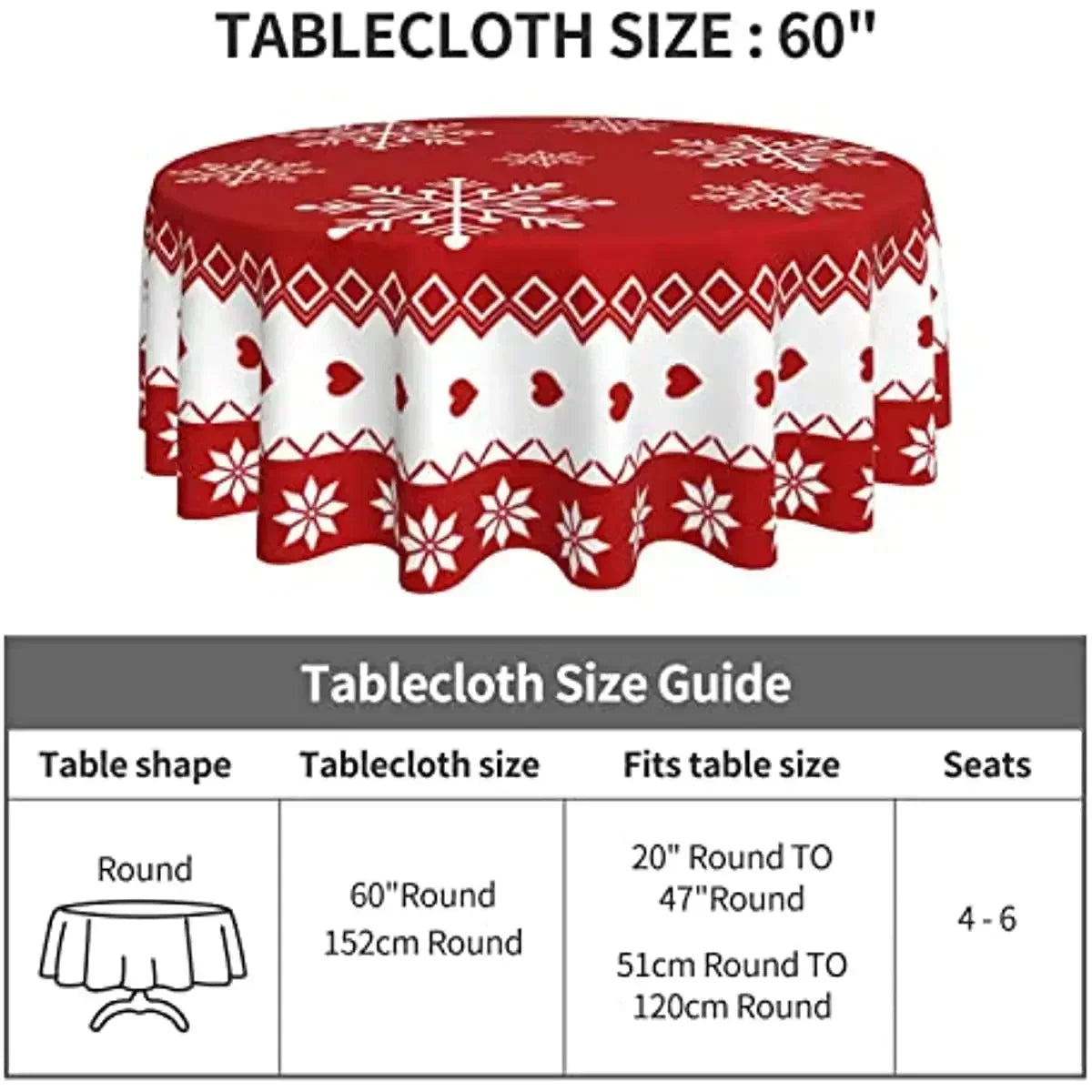 Obbty Christmas Table Cloth Red Round Christmas Tablecloth 60 Inch Washable Reusable Winter Snowflake Tablecloth for Holiday Party