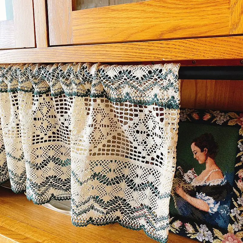 Obbty American Country Crochet Tassel Hollow Short Curtains for Kitchen Manual Rhombus Linen Geometric Half Curtains # A318