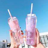 Obbty Kawaii Cherry Blossom Glass Sequin Double Layer Plastic Bottle Crushed Ice Cup Summer Drink Tumbler with Straw Coffee Juice Cups