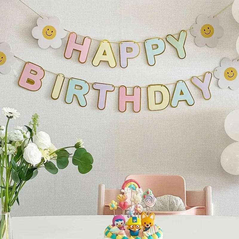 Obbty Happy Birthday Party Decoration Banner White Flower Garland Flag Birthday Party Decor Decorated Scene Bunting Supplies