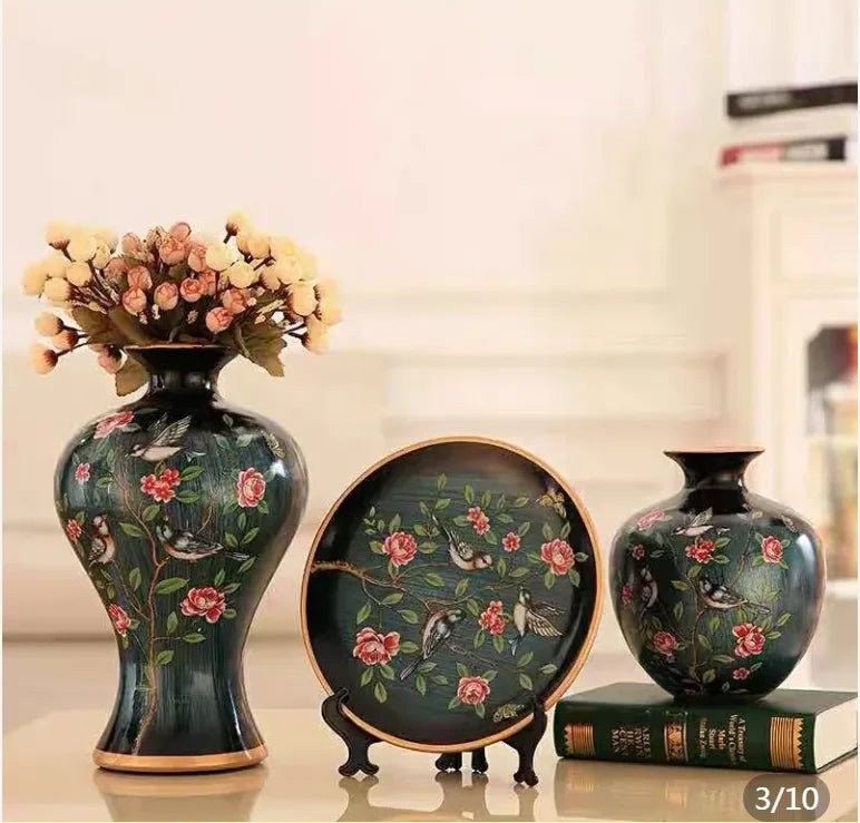 Obbty 3Pcs/Set Ceramic Vase Stereoscopic Dried Flowers Arrangement Wobble Plate Room Entrance Ornaments Wedding Decorations