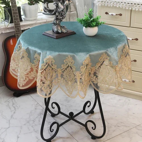 Obbty New Lace Tablecloth Pastoral Round Tablecloth Dining Table Cloths Home Embroidery Table Cover Rose Gold Decoration House Towel