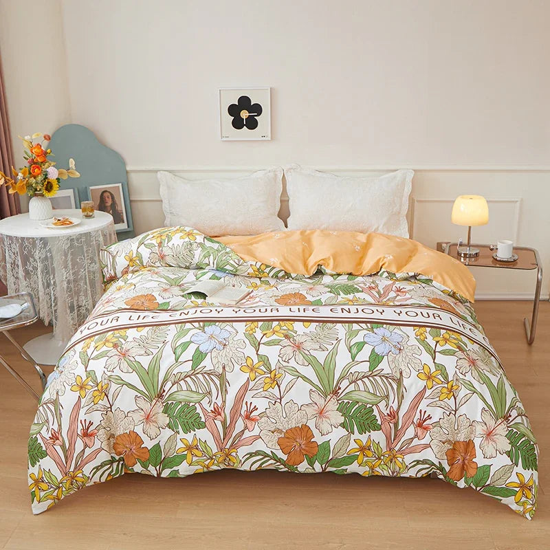 Obbty Yellow Floral 100% Cotton Duvet Cover Rose Pattern Comforter Covers Elegant Flowers Botanical Bedding All Season for Women Girls