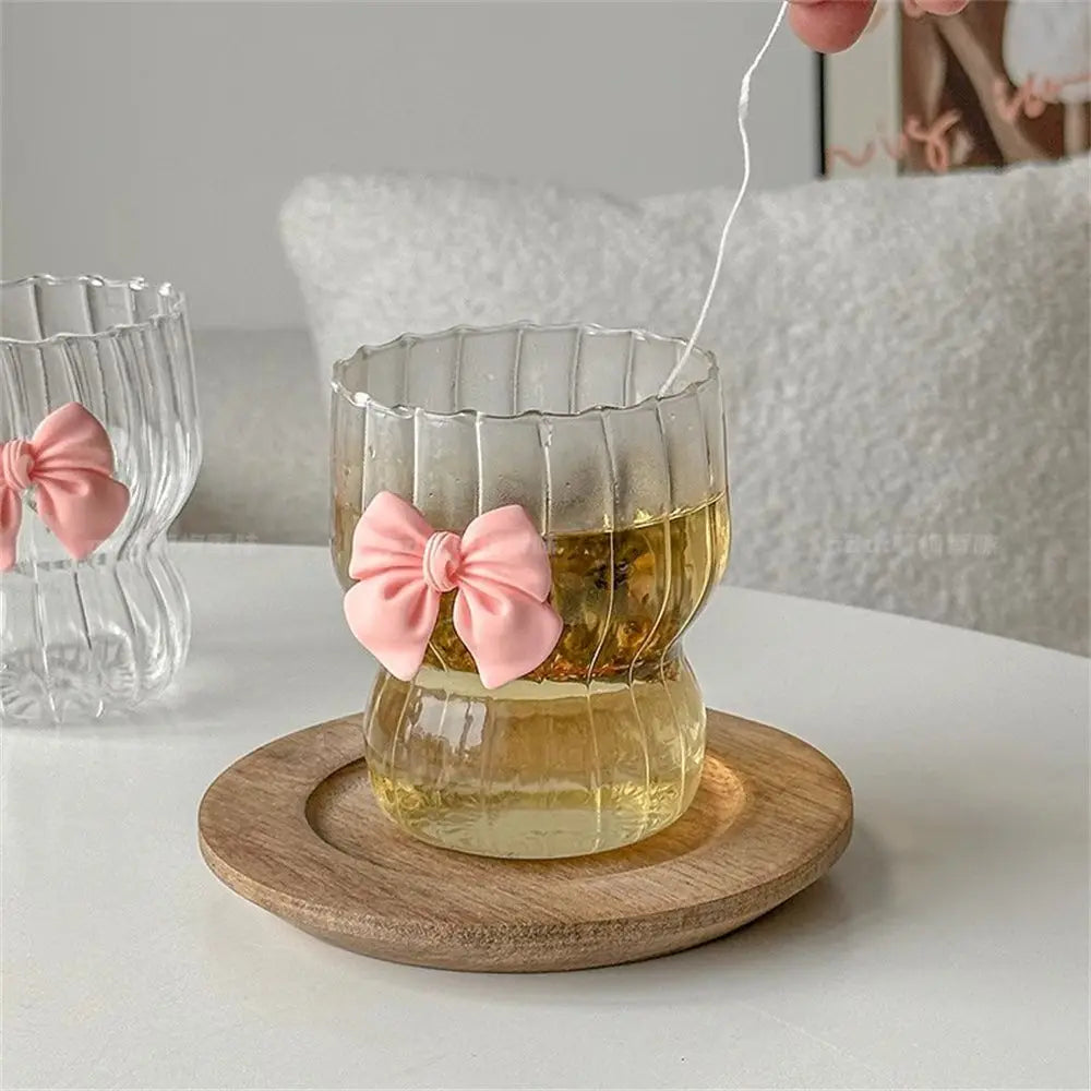 Obbty New Pink Bow Heat Resistant Coffee Cup Dudu Glass Vertical Pattern Fat Tea Water Cups Drinkware Glasses