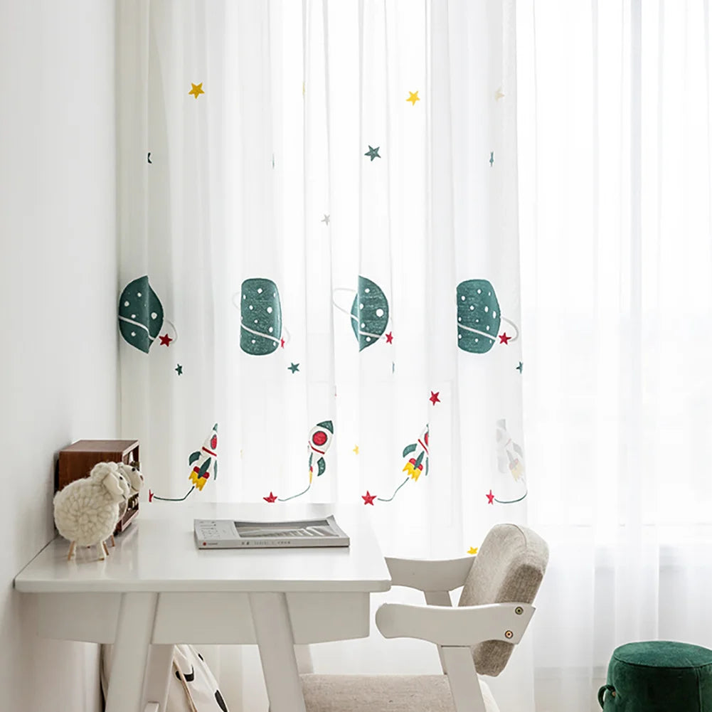 Obbty Football/Planet Boy Room Short Curtains Ruffle Tape 2 Pieces Transparent Children's Decorative Curtain for Windows Bedroom