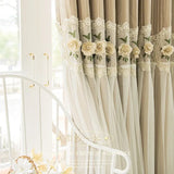 Obbty French Lace Double-layer Milk Tea Embroidered Yarn Splicing Curtains for Living Room Bedroom French Window Customized Products