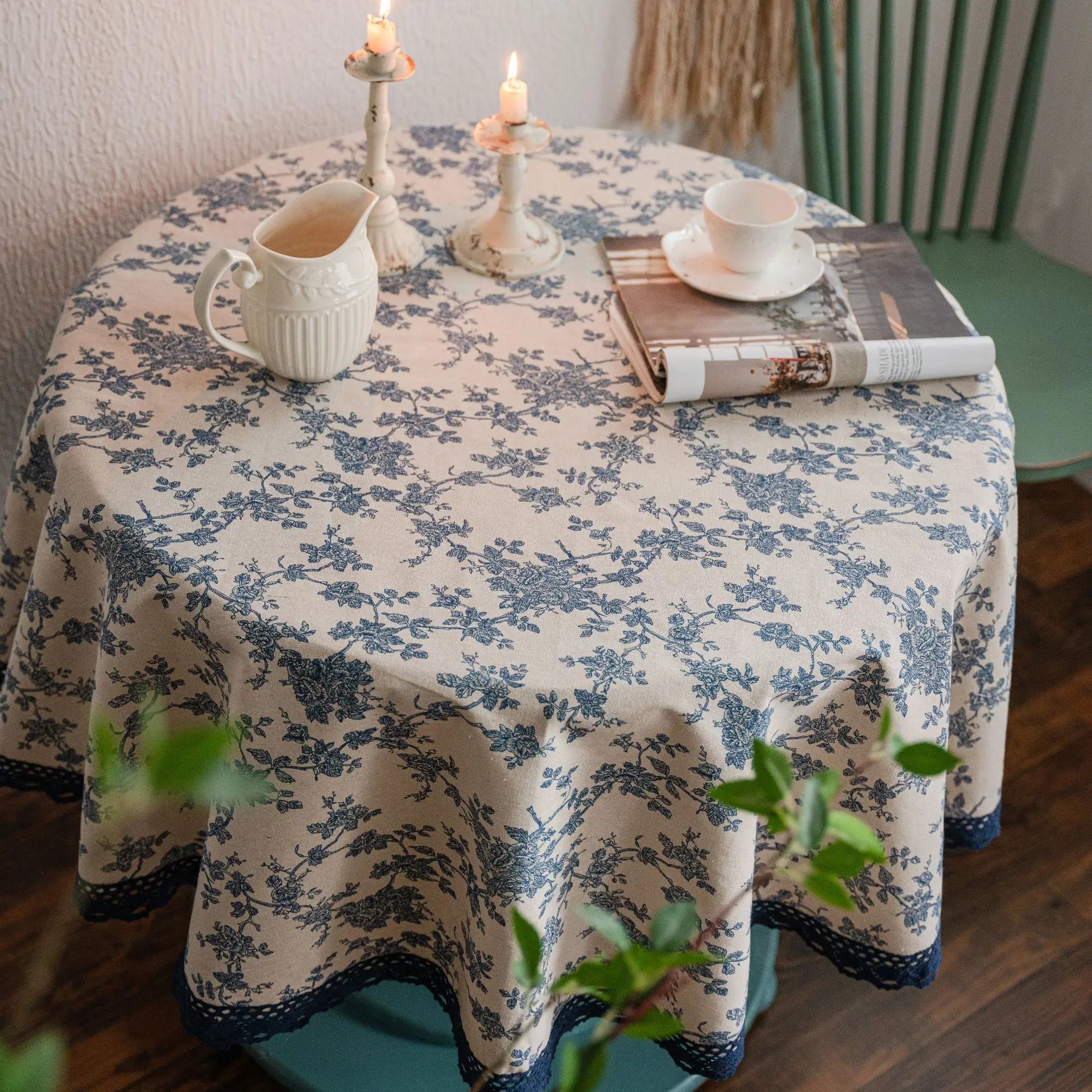 Obbty Blue Rose Printed Tablecloth Table Cloth Pastoral Cotton Linen Retro Round Table Cover for Dining Table Party Home Decoration