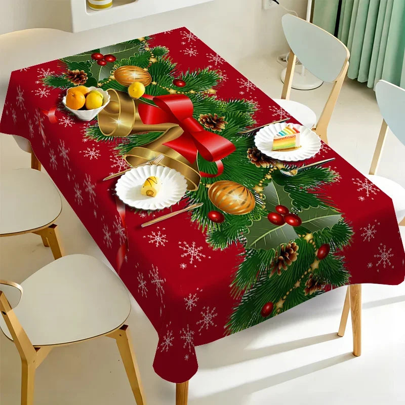 Obbty Christmas Festive Bells and Holly Rectangle Tablecloth Holiday Party Decor Waterproof Tablecloth for Table Christmas Decorations