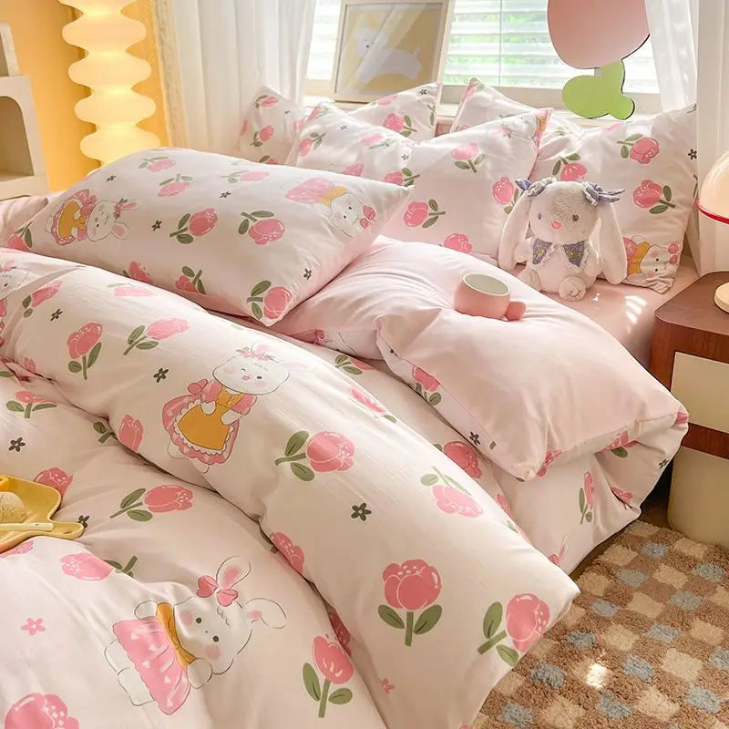 Obbty Rural Style Bedding Set Fresh Floral Four Piece Set  Girl Heart  Double-layer Gauze   New Meeting Duvet Cover